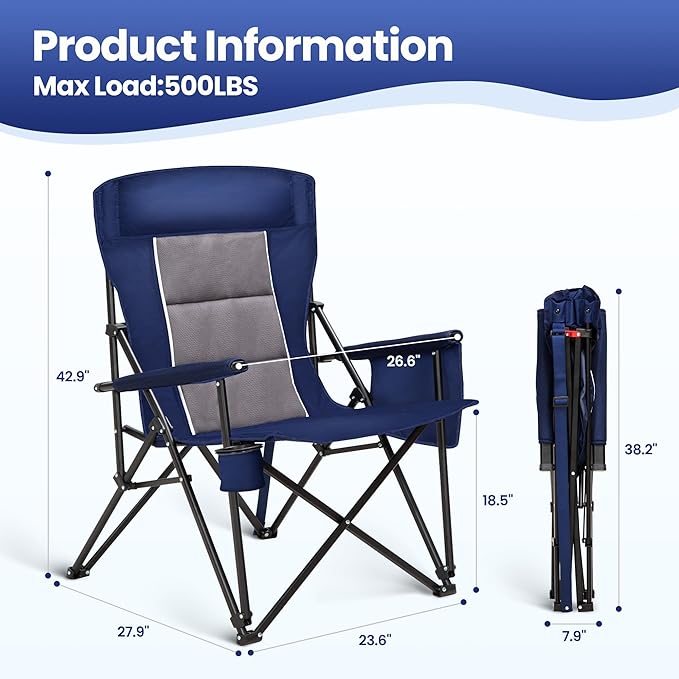 HIGH POINT SPORTS Oversized Camping Chairs for Adults, High Back Heavy Duty Lawn Chair Support 500LBS, Padded Portable Collapsible Outdoor Chair with Cup Holder, Blue, 2 Pack
