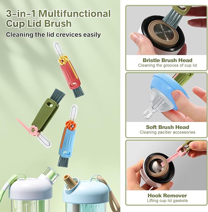 3 Pcs 3 in 1 Cup Lid Cleaning Brush, 2025 New Multifunctional Portable Straw Lid Cup Cleaner Brush Set, Tiny Bottle Cup Lid Brush Cleaner Brush, Efficient and Durable Brushes for Bottle Gap