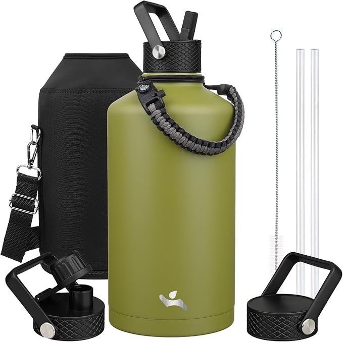 Konokyo Gallon Insulated Water Bottle with Straw,128 oz 3 Lids Water Jug with Carrying Bag,Paracord Handle, Double Wall Vacuum Stainless Steel Metal Flask,Forest Green