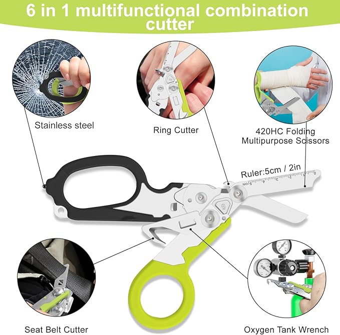 6-in-1 trauma shears - emergency responders, outdoor emergencies, medical staff, and outdoor camping, Gift box packaging with scissors storage K sheaths (dark green)