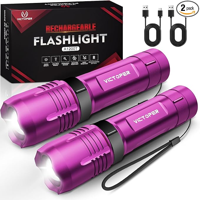 Victoper Pink Rechargeabe Flashlight 2 Pack, High Lumens 5 Modes LED Bright Tactical Flashlights, Waterproof Zoomable Flash Light for Outdoor, Gifts for Camping Essentials Gear