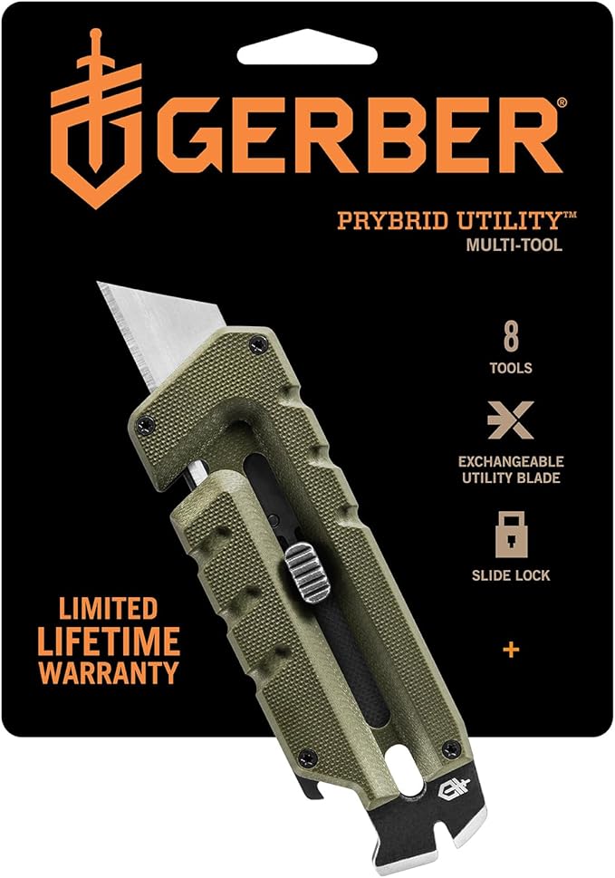 Gerber Gear Prybrid Utility EDC Multitool Pocket Utility Knife, Razor Knife with Retractable Hobby Blade and Pry Bar, Green G10 with Clip