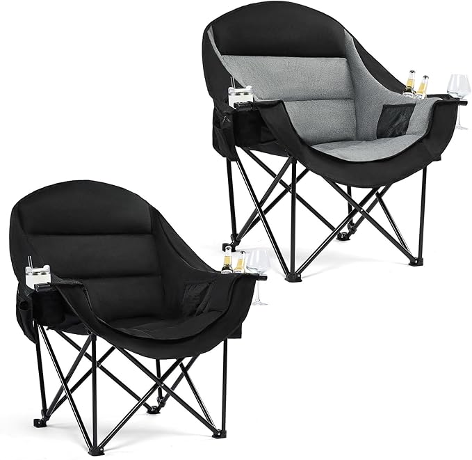 Oversized Camping Chair for Adults - Heavy Duty Outdoor Padded Large Lawn Camp Chair with Cup Holder Cooler Pockets for Sports Beach Fishing Garden Portable Supports 500lbs, Black/AllBlack 2 Pack