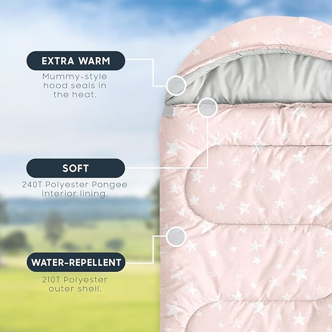 Wake In Cloud - Star Kids Sleeping Bag for Boys Girls Toddlers, Camping in Warm Cold Weather, Backpacking Lightweight Compact Outdoor Liner for 3 Seasons Summer Spring Fall