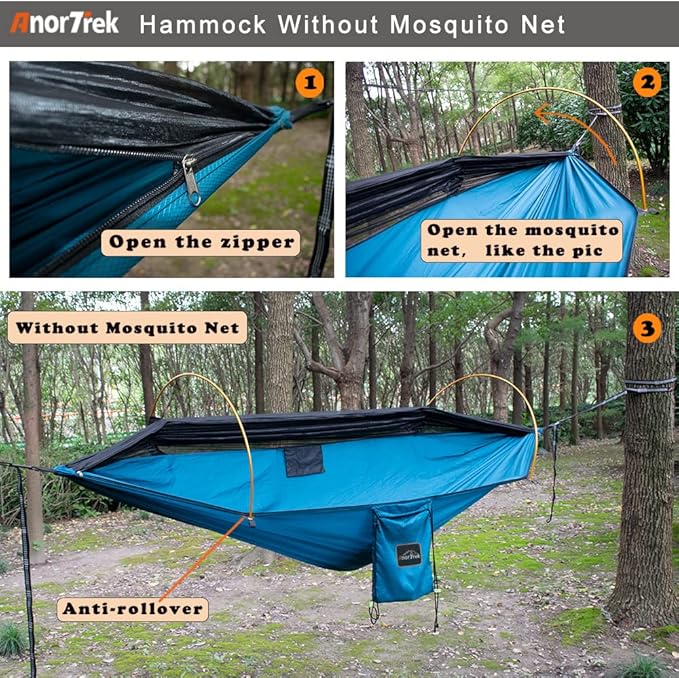 AnorTrek Camping Hammock with Mosquito Net and Rain Fly Tarp, Portable Double Hammock with Two Tree Straps, 230T Nylon Hammock and Waterproof Rain Fly Set for Hiking, Backpacking, Overnight (Blue)
