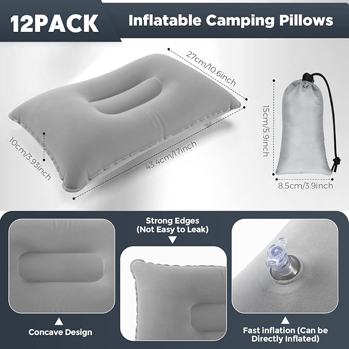 Qunclay 12 Pack Inflatable Camping Travel Pillow with Storage Bags 17.09" x 10.63" Ultralight Compressible Inflatable Pillow Blow up Compact for Backpacking Summer Hiking Desk Rest Neck Lumbar Support