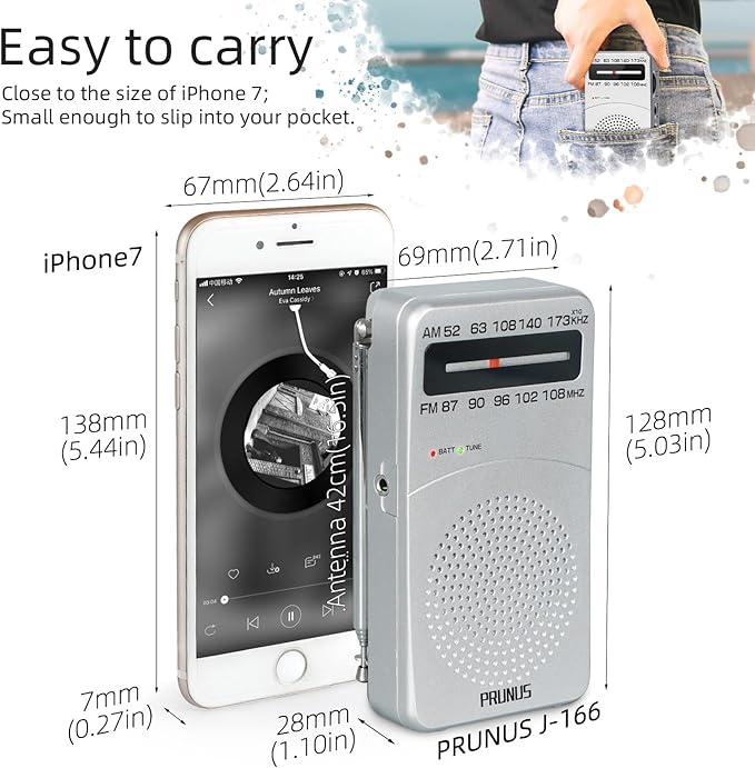 PRUNUS J-166 Portable Radio AM FM, Gifts for Dad and Mom, Battery Operated Radio with Tuning Light, Back Clip, Excellent Reception, AM FM Radios Portable, Transistor Radios
