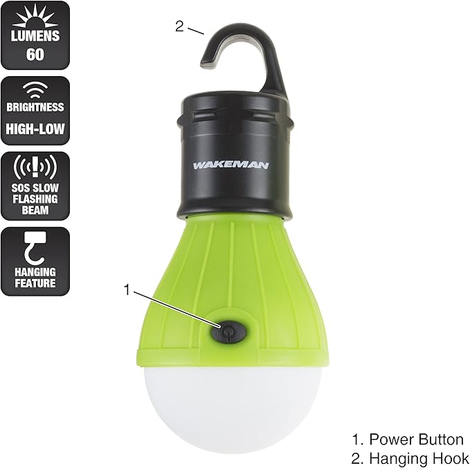 2-Pack of Portable LED Tent Light Bulbs - Indoor/Outdoor Hanging Lights with Three Settings - for Camping, Hiking, and Emergencies by Wakeman (Green)