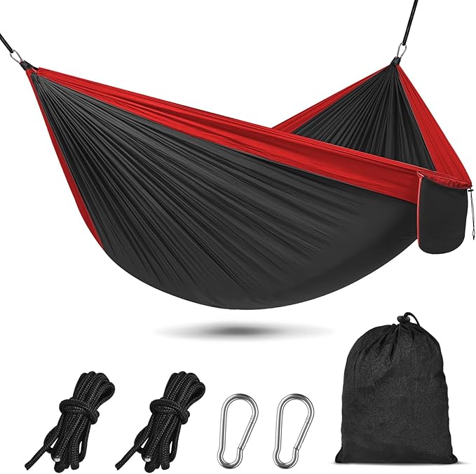 OBTANIM Camping Hammock 500lbs Portable Lightweight Single or Double Hammock with Tree Straps and Carry Bag for Camping Backpacking Hiking Travel Beach Outdoor Indoor (Red and Black)