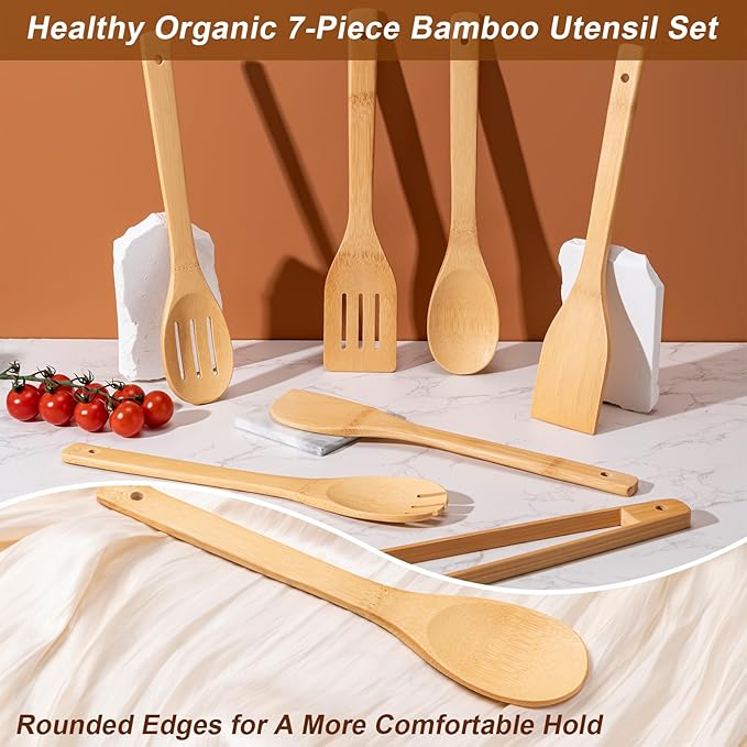Eisinly Wooden Spoons for Cooking 7-Piece, Kitchen Nonstick Bamboo Cooking Utensils Set, Durability Wooden Spatula Spoon for Everyday Use, Smooth Edge