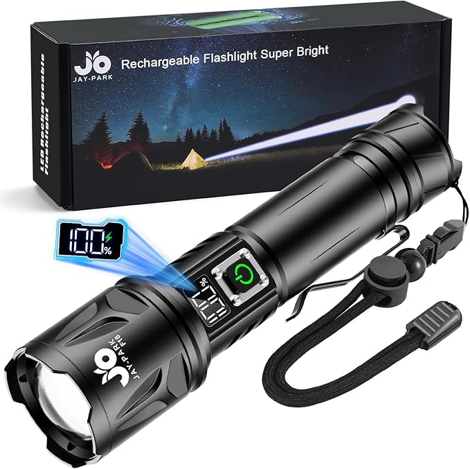 JAY-PARK High Lumen Flashlight - 100000 Lumens, Rechargeable 5000mAh with LCD Display, Zoomable Long Beam (3000m), IP67 Waterproof, 5 Modes & Belt Clip - for Camping, Dog Walking