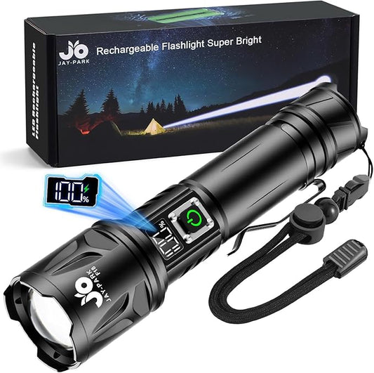 JAY-PARK High Lumen Flashlight - 100000 Lumens, Rechargeable 5000mAh with LCD Display, Zoomable Long Beam (3000m), IP67 Waterproof, 5 Modes & Belt Clip - for Camping, Dog Walking