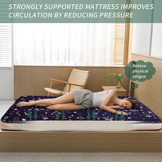 MAXYOYO Navy Star Futon Mattress, Padded Japanese Floor Mattress Quilted Bed Mattress Topper, Extra Thick Folding Sleeping Pad Breathable Floor Lounger Guest Bed for Camping Couch, Queen