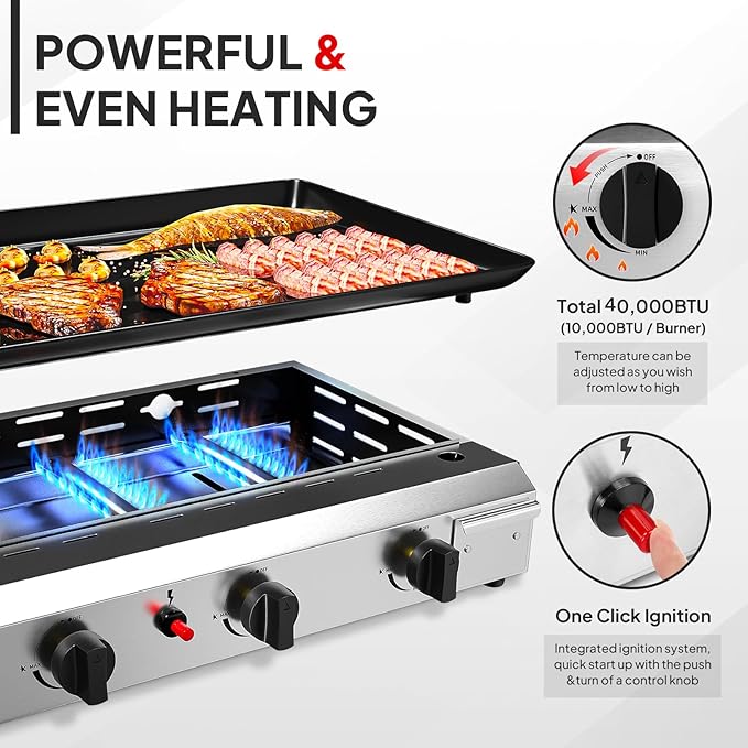 ROVSUN 4 Burner Portable Propane Griddle with Nonstick Enameled Tray, 40,000 BTU Tabletop Flat Top Gas Grill with Electronic Ignition & Regulator for Outdoor Cooking Camping BBQ Tailgating