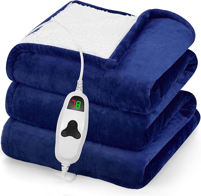 greenoak Heated Blanket Electric Full 72"X84", Heating Blanket with 10 Heat Levels 1/2/4/6/8 Hours Auto-Off Overheat Protection, Flannel Sherpa Soft Warm Heater Blanket, ETL Certified Midnight Blue