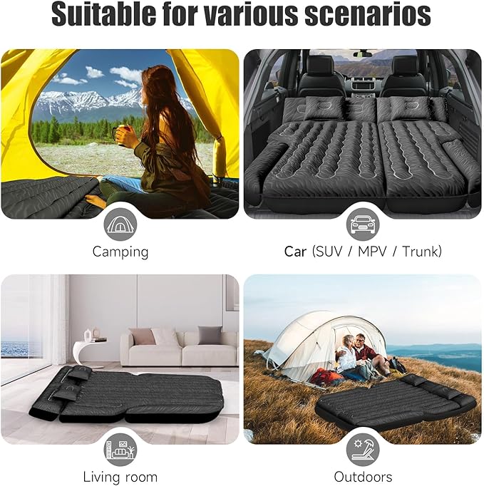 Inflatable SUV Air Mattress Bed Car Mattress, Double-Sided Flocking Travel Camping Bed, Car Sleeping Mattress for Universal SUV with Air Pump 2 Pillows