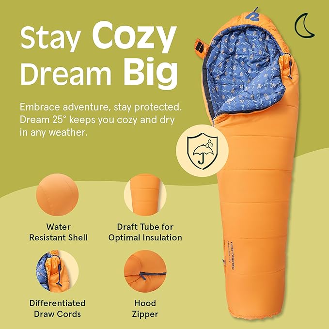Retrospec Dream 25 Kids Sleeping Bag for Camping - Mummy Style, Water-Resistant, Lightweight 3lbs 3oz, Adjustable Length, Draft Collar, 25°F Rating