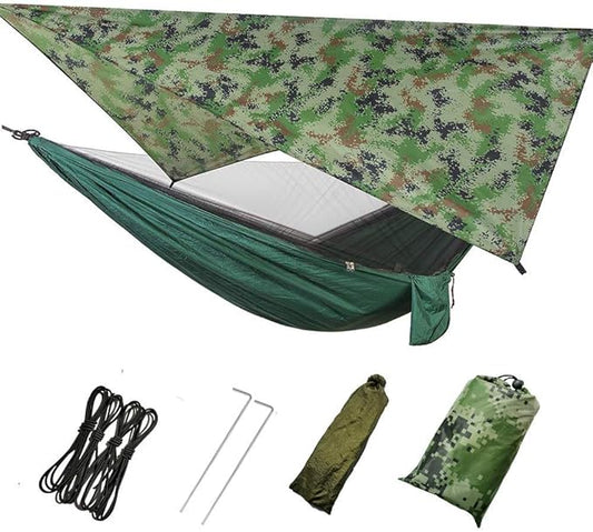 Camping Hammock, Double & Single Portable Hammock with Tree Straps, Lightweight Nylon Hammock Swing Set with Net and Rain Fly Tarp and Pocket for Backpacking Hiking Travel Outdoor(Green+Camouflage)