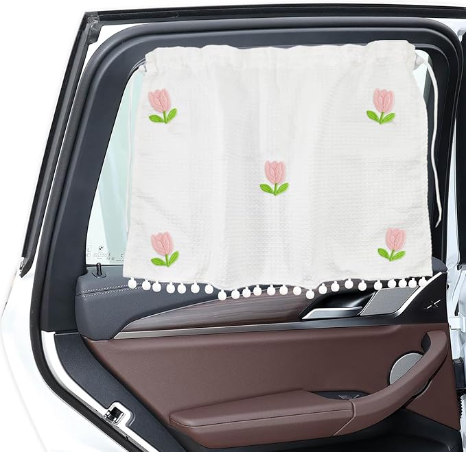 Car Side Window Sun Shade Privacy Curtain for Baby, Suction Cup Window Shade, 25"x18" Car Cartoon Sunshade Protector Heat Blocker Cover, Privacy Curtain for Kids Women (Five Tulips)