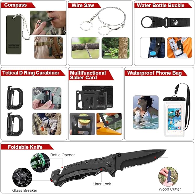 Survival Kit, 294 Pcs Survival Gear First Aid Kit with Molle System Compatible Bag and Emergency Tent, Emergency Kit for Earthquake, Outdoor Adventure, Hiking, Hunting, Gifts for Men Women
