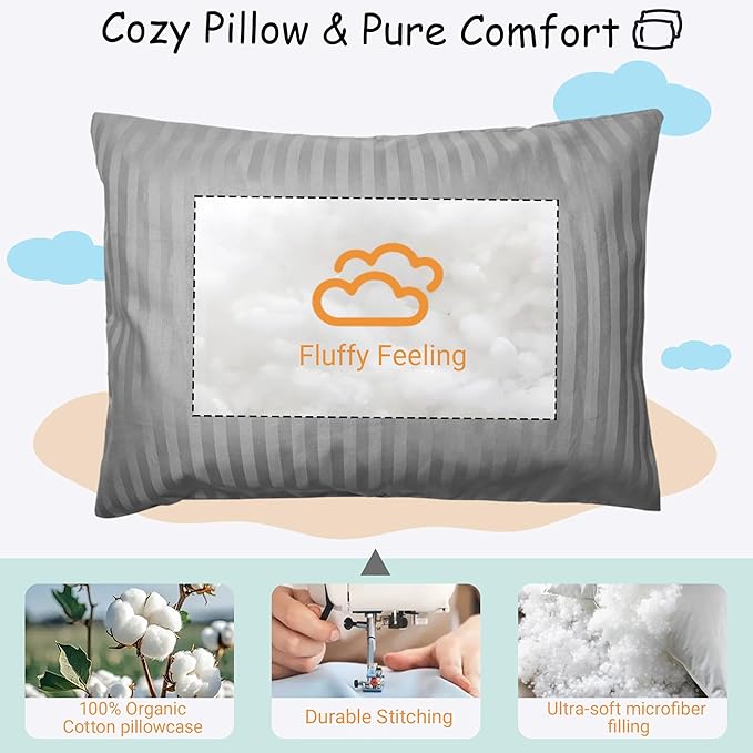 ZPECC Toddler Pillow with Pillowcase - 13x18 Organic Cotton Hypoallergenic Kids Pillow, Baby Essentials for Travel Crib Daycare Stroller (Intended for Age 2 and up) Grey Stripe