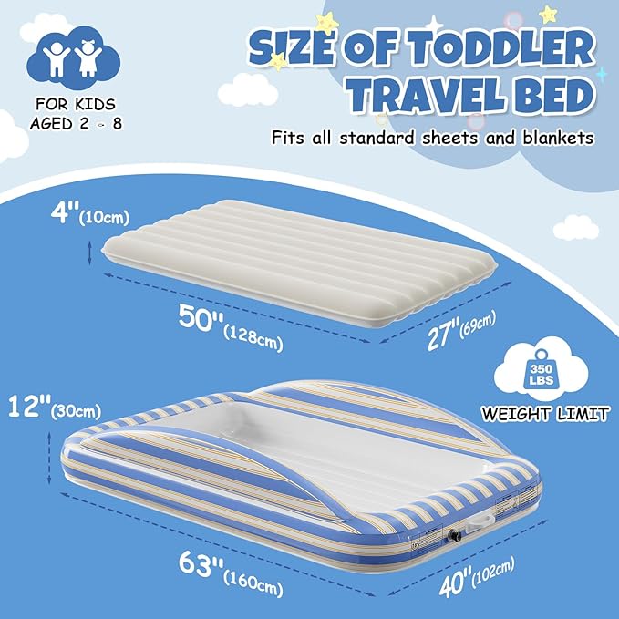 Luxchoice Inflatable Toddler Travel Bed with Cordless Rechargeable Pump, Comfy Removable Flocked Kids Air Mattress & Safety Rails, 63'' Portable Blow up Bed for Outdoors Camping Sleepover Travel Home