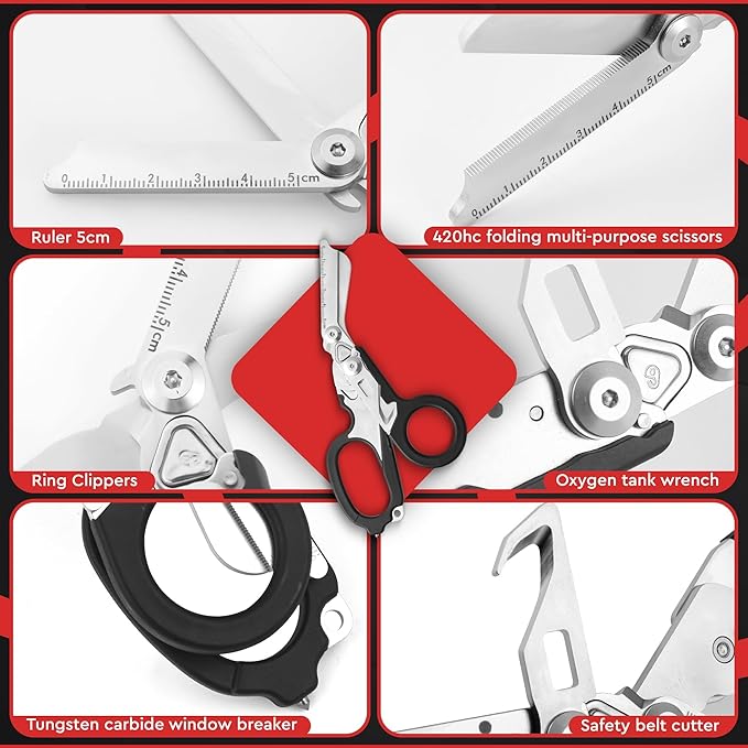 Heavy Duty 6 in 1 Multipurpose Emergency Trauma Shears Scissors with Holster, Outdoor Camping Rescue Tools with Glass Breaker, Strap Cutter Stainless Steel Foldable Scissors Pliers