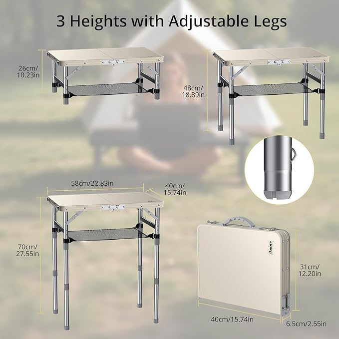 Anbte 2ft Small Plastic Folding Table, Waterproof 3 Adjustable Height Portable Camping Table with Storage Net, Flat Tabletop, for Picnic Indoor Outdoor Travel Beach Patio, 22.8" X 15.7", White