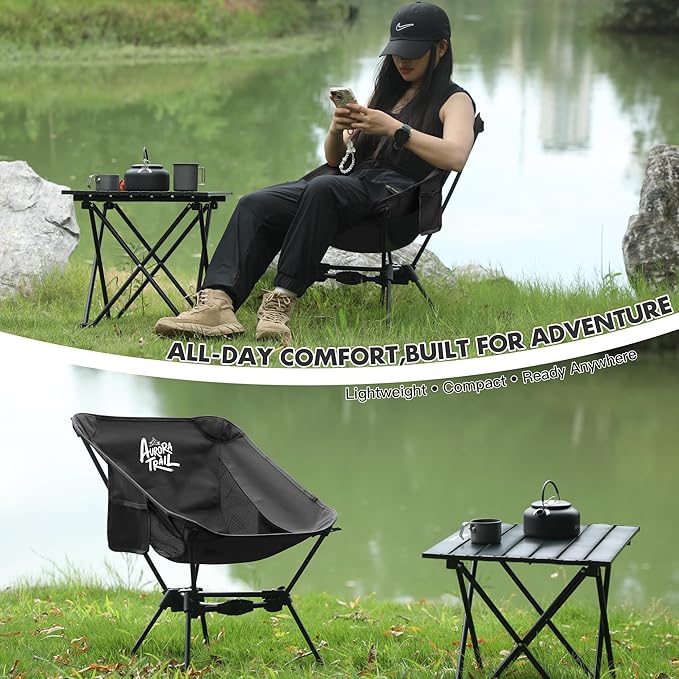 AuroraTrail Ultralight Backpacking Camping Chair – Only 2.7 lb, Supports 330 lb, Compact Folding Outdoor Seat with Carry Bag, 7075 Aluminum Frame for Hiking, Camping & Festivals (Black)