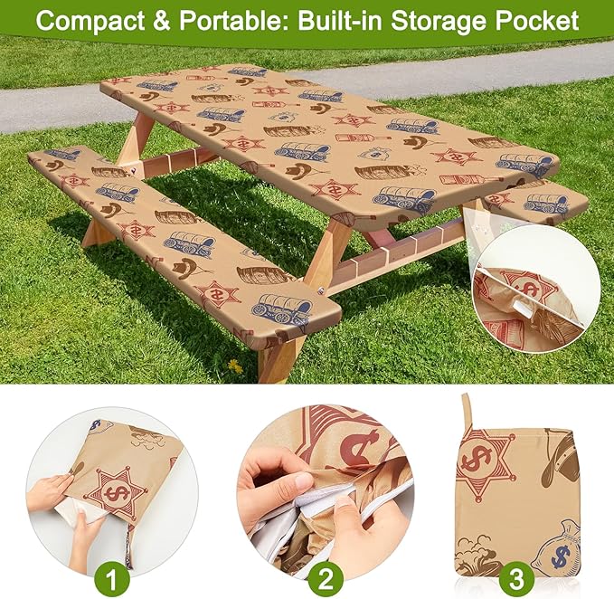 Picnic Table Cover with Bench Covers Portable Table Cloth Built-in Storage Pocket Fitted Tablecloth with Elastic Edges Waterproof Camping Essentials for Indoor Outdoor Rv,72in,Colored Denim