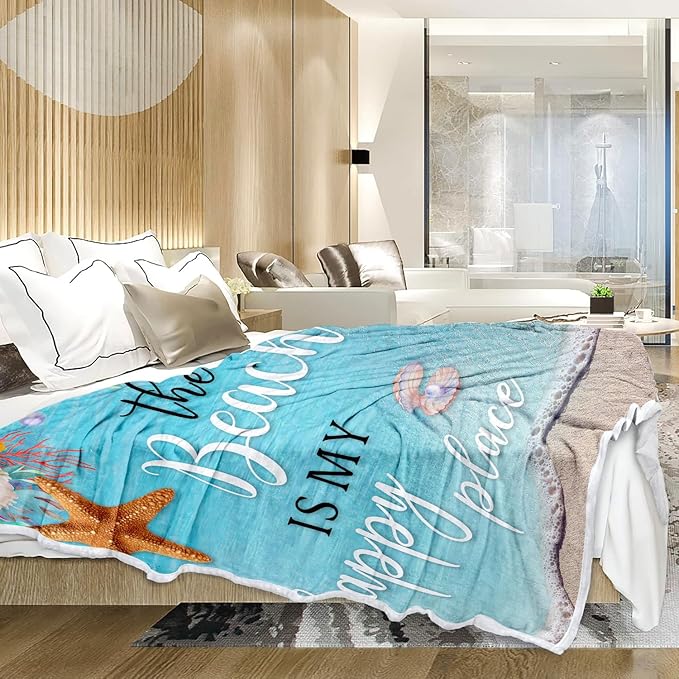 Beach Blanket, Blue Coastal Ocean Beach Throw Blanket for Couch, Bed, Summer Super Cozy Blankets Fuzzy Plush Lightweight Throw Blankets for Sofa, Bed, Living Room,50"X60"