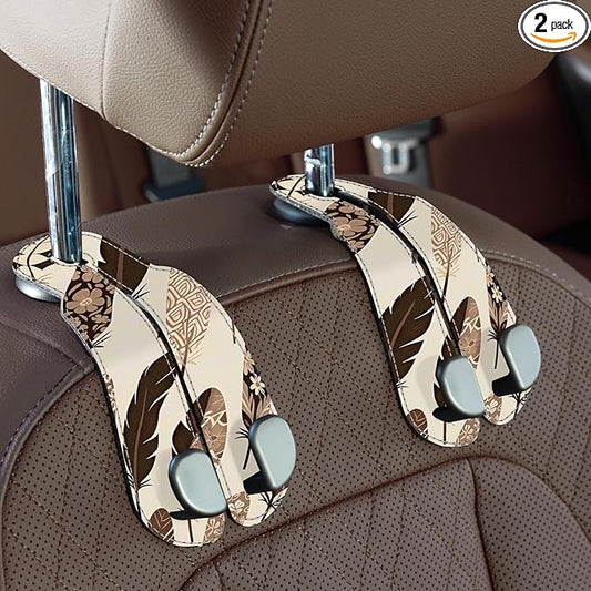 CoBak Purse Hook for Car - Universal Premium Stitched Leather and Aluminum-Magnesium Alloy Double Car Seat Back Storage Hook for Purses, Handbags, Bags (2 Pack),Brown