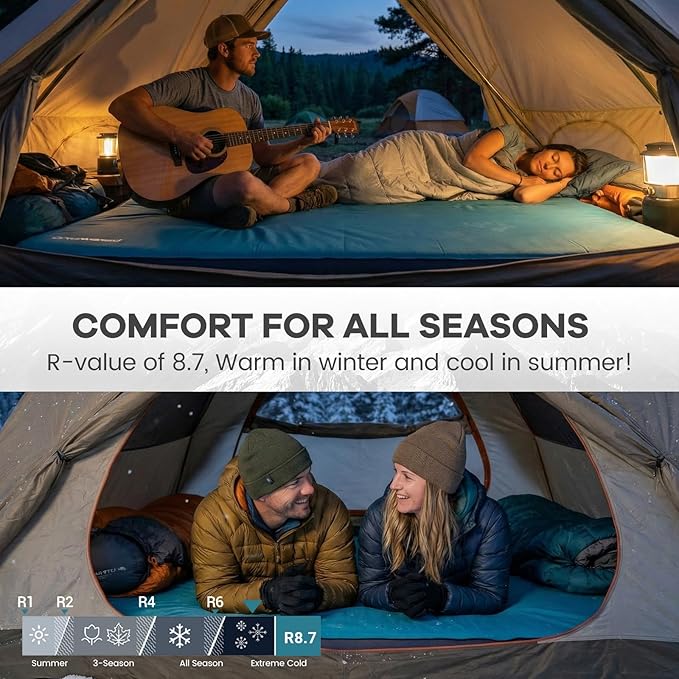 FUNDANGO 4'' Thick Self Inflating Sleeping Pad with Foam, 8.7 R Value, XL Double Mattress, Outdoor Portable Camping Air Mat for Tent, Car or Home