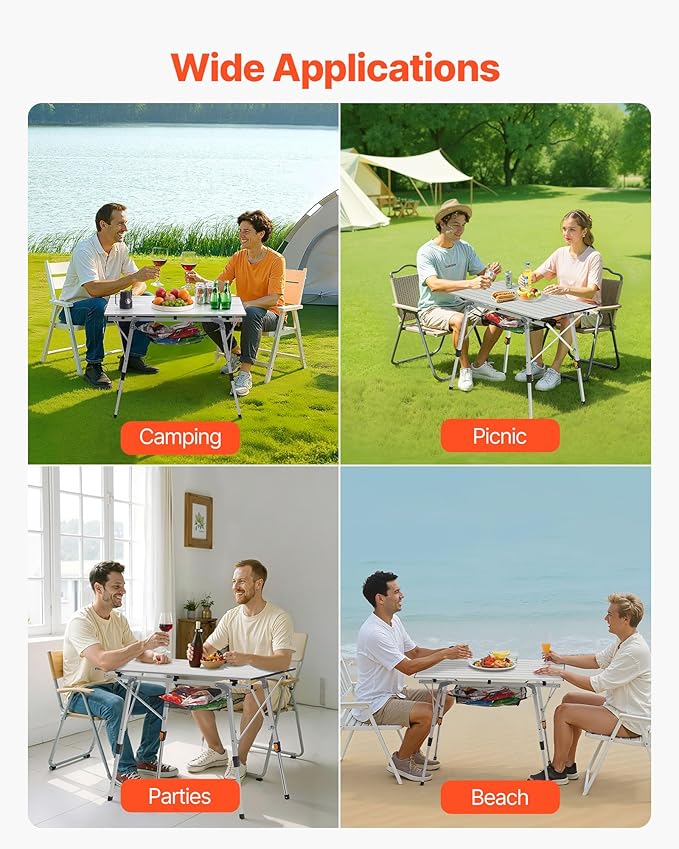 VEVOR Folding Camping Table, Portable Roll Up Side Tables, Lightweight Aluminum Beach Table for Outdoor BBQ Tailgating Picnic, Travel (35 inch-Silver)