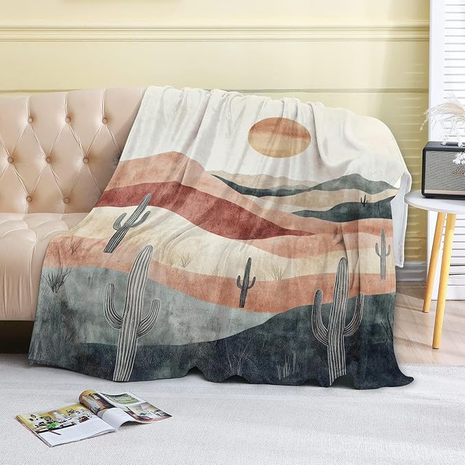 Vintage Desert Sunset Fleece Blanket - 50x60in Cacti Sun Retro Southwestern Throw Blankets,Soft Cozy Lightweight, Ideal for Living Room Home Rustic Decor and Kids Women Girls Spring Gifts