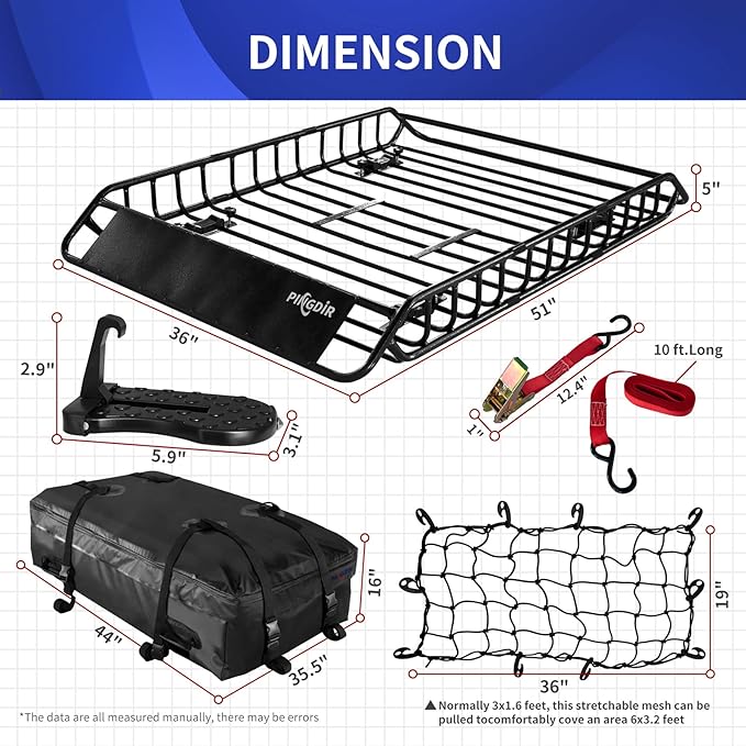 PINGDIR Roof Rack Basket 51" X 36" X 5" Rooftop Rack Cargo Carrier Universal, Waterproof Cargo Bag 44 * 35 * 16", Cargo Net with Attachment Hooks, 2 pcs Ratchet Strap,Roof Pedal