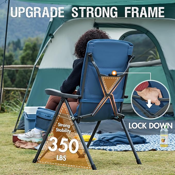 Portal Reclining Camping Chair with Adjustable Back Folding Camp Recliner for Adults Portable High Back Oversized, 350LBS (Blue)