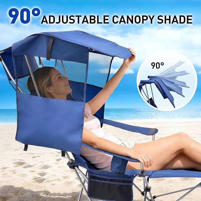 East Oak Reclining Camping Chair with Canopy & Foot Rest | 4-Position Folding Beach Chair with Adjustable Canopy, Detachable Foot Rest, Supportive Headrest, 330 lbs Canopy Chair