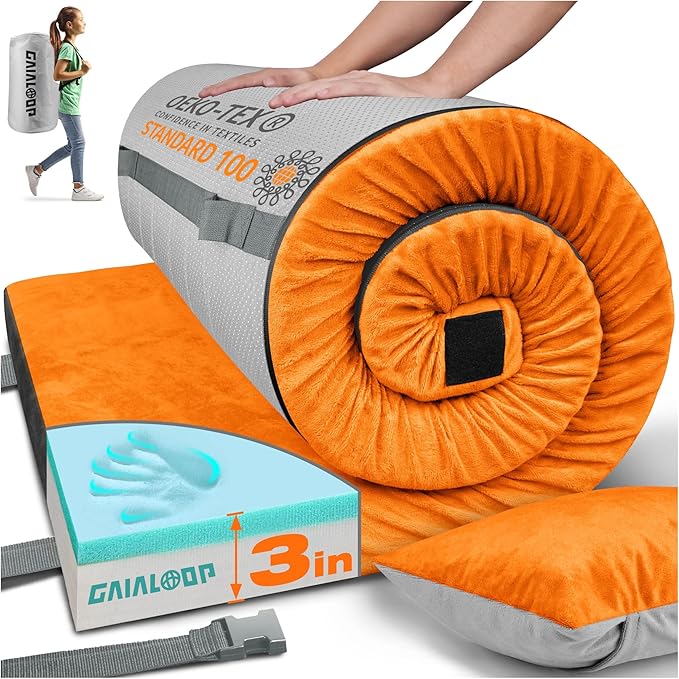 GAIALOOP 3 Inch Memory Foam Camping Mattress, Dual Layer Thick Sleeping Camp Pad for Car Tent Cot, Roll-Up Portable Glamping Floor Bed for Guests Sleepover