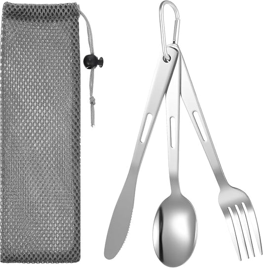 3PCS Camping Utensil Set with Carrying Bag, Stainless Steel Camp Flatware Ultralight Fork Knife Spoon Camping Cutlery Set for Outdoor Picnic Hiking Backpacking Travel