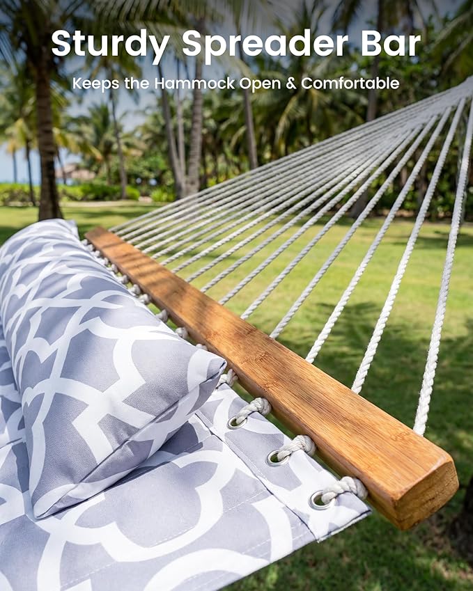 ANAGOO Double Quilted Outdoor Hammock for 2 Adults, 500lb Capacity Backyard & Camping Hammock with Pillow and Bamboo Spreader Bar, Fits 11–15ft Hammock Stands (Stand Not Included),White Gray
