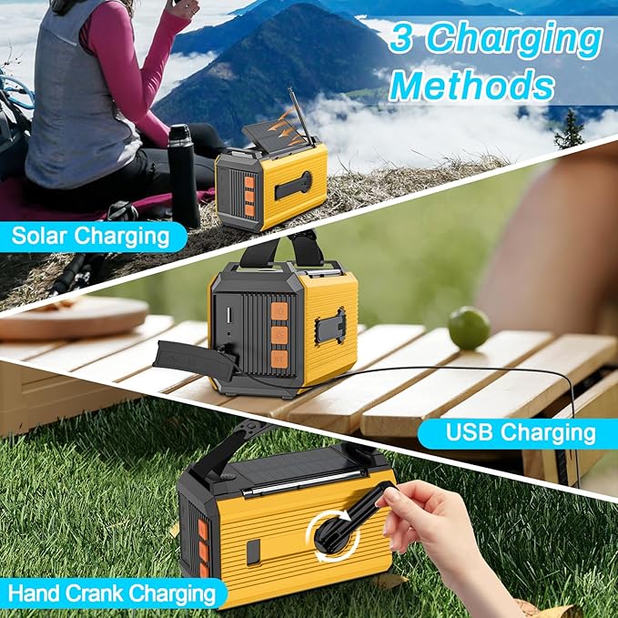 20000mAh Emergency Radio, 74000mWh NOAA Weather Radio, Wireless Hand Crank Solar AM/FM Radio with Fast Charge Rechargeable Solar Battery, Flashlight, SOS Alert, Outdoor Survival Gear Kit（Yellow）
