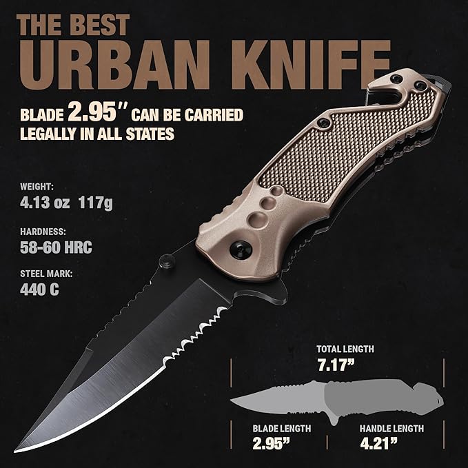 GOOD WORKER Legal Pocket Knife with 2.95” Serrated Blade, Glass Breaker, Seat Belt Cutter - EDC Sharp Folding Knives with Portable Clip - Small Tool for Tactical Camping Survival Hiking - Gifts for Men, Women