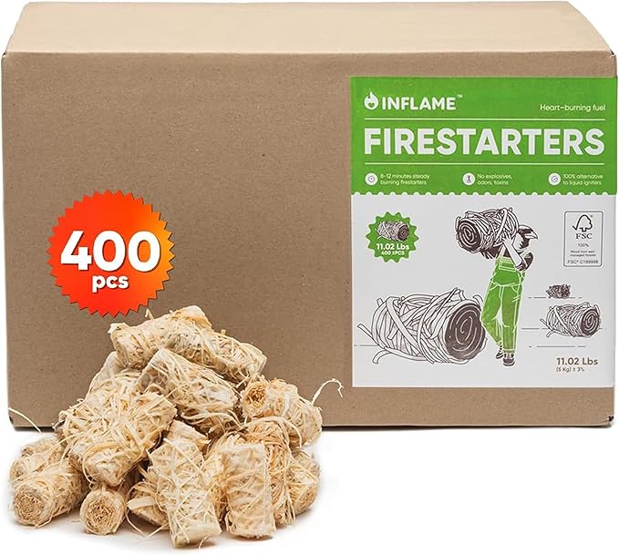 Inflame Fire Starters 400 pcs Fire Starters for Campfires, Grill, BBQ, Fireplace, Woodstove - Charcoal Starter - Waterproof, Weather-Resistant - Natural Wood Fireplace Starters