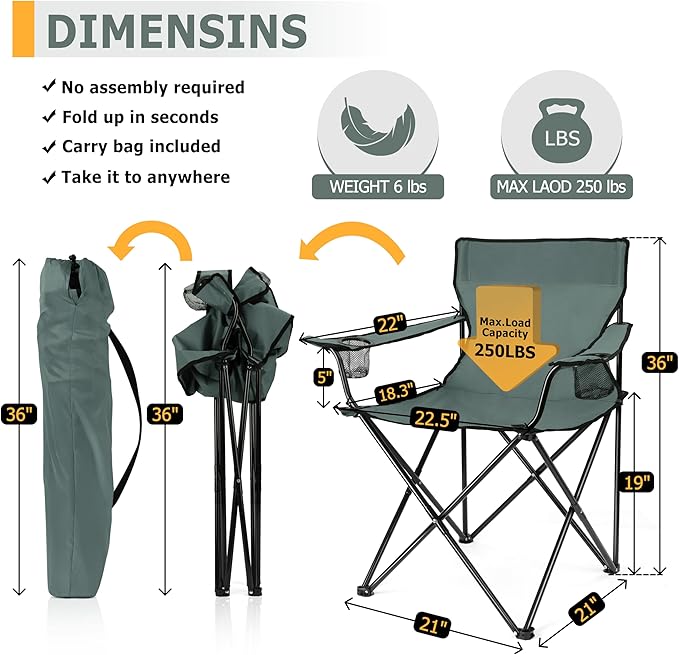 Joyfair Portable Camping Chair, Outdoor Lawn Folding Chairs for Adults, Heavy Duty Large Foldable Chairs for Beach, Fishing, Tailgating and More Outdoor Sport, Carry Bag & Cup Holder