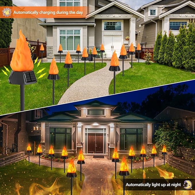 Toodour Solar Outdoor Torch Lights with Flickering Flame, Solar Pathway Decorative Lights, Waterproof LED Flame Torches for Outdoor Camping Garden Landscape Patio Path Yard Decorations - 8 Pack