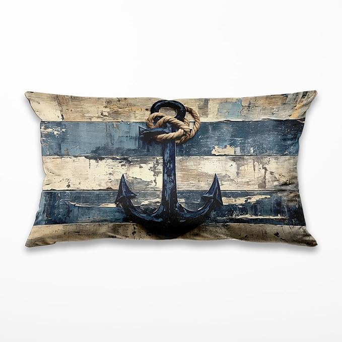 Vintage Nautical Ancho Throw Pillow Covers 20x12,Rustic Coastal Beach Lighthouse Decorative Pillow Cover,Coastal Anchor Decorative Pillowcases for Home Couch Bed Sofa Decor,129-BZ