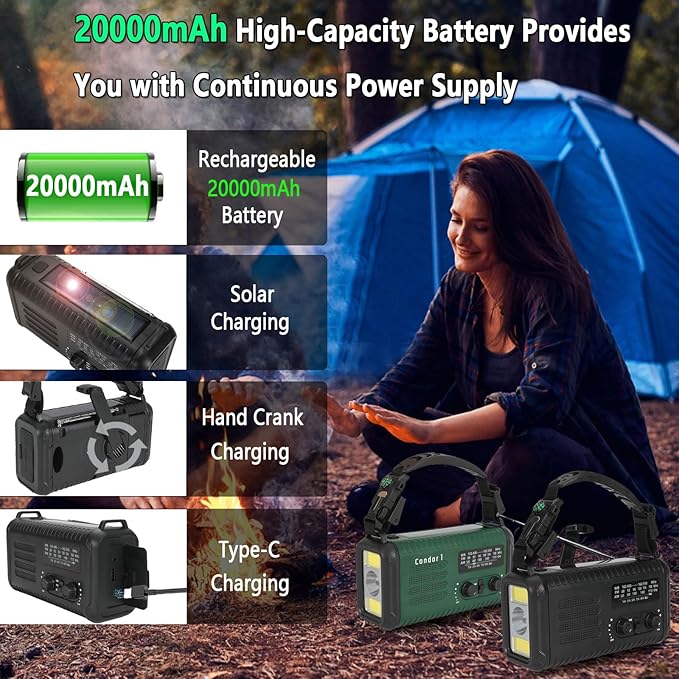Emergency Weather Radio (Condor 1) NOAA/AM/FM with 74000mWh Portable Radio, USB-C/Solar/Hand Crank Charging, SOS Alarm, Flashlight, Reading Lamp & Survival Handle Kit for Indoor/Outdoor Emergency
