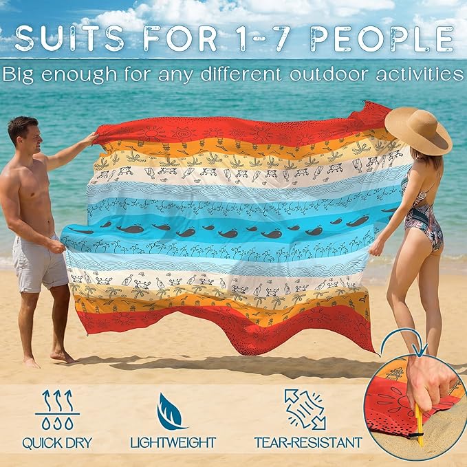 BYDOLL Beach Blanket Waterproof Sandproof Large Sand Free, 78''X110'' Oversized Sandless Lightweight Blanket Picnic Mat for Beach Travel Camping Hiking with Stakes