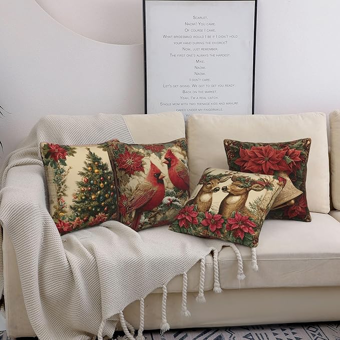 Christmas Throw Pillow Covers 18 X 18 Inch Set of 4 Decorative Cushion Cover Home Decor for Sofa Chair Couch Bedroom Living Room
